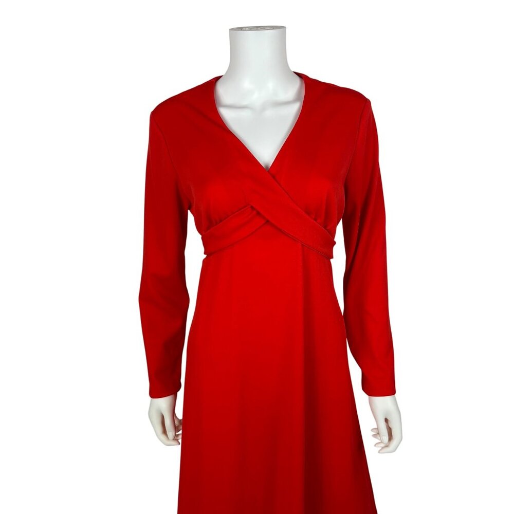 Vintage 70s Maxi Dress Womens M Red Faux Wrap Cross Tie Long Sleeve Polyester - Picture 3 of 10